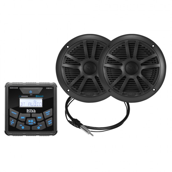 Boss Audio MCKGB450B.6 Marine Package - In-Dash Marine Gauge Digital Media AM/FM/BT Receiver with 6.5" Speakers - Black